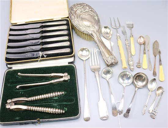 Collection of silver, white metal and plated flatware, silver-handled butter knives (cased), brush etc